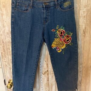 Ed Hardy Blue Embroidered Women's Capri Jeans Y2K